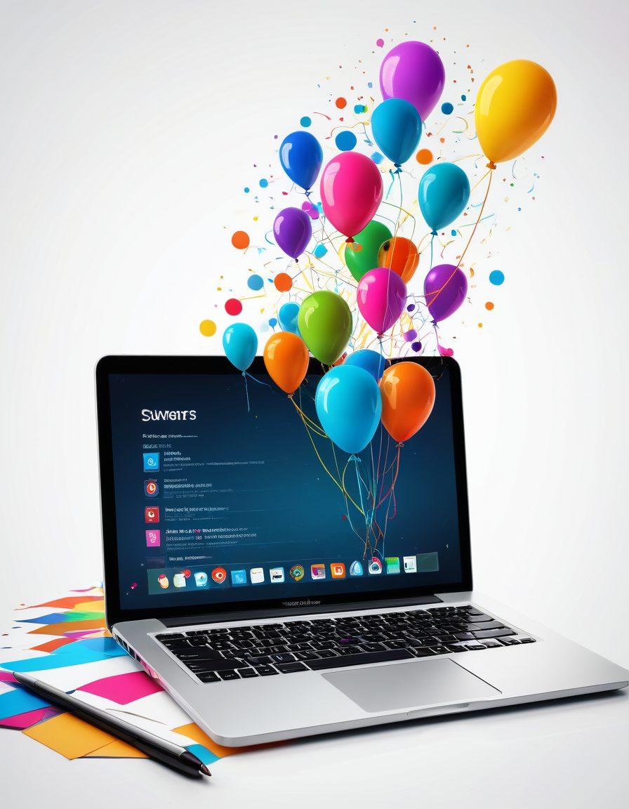 A digital landscape representing web traffic growth, featuring a vibrant graph soaring upwards, keywords floating like balloons, and a laptop surrounded by blogging tools such as notebooks and a smartphone. In the background, abstract representations of search engines and social media icons. super-realistic. vibrant colors. white background.