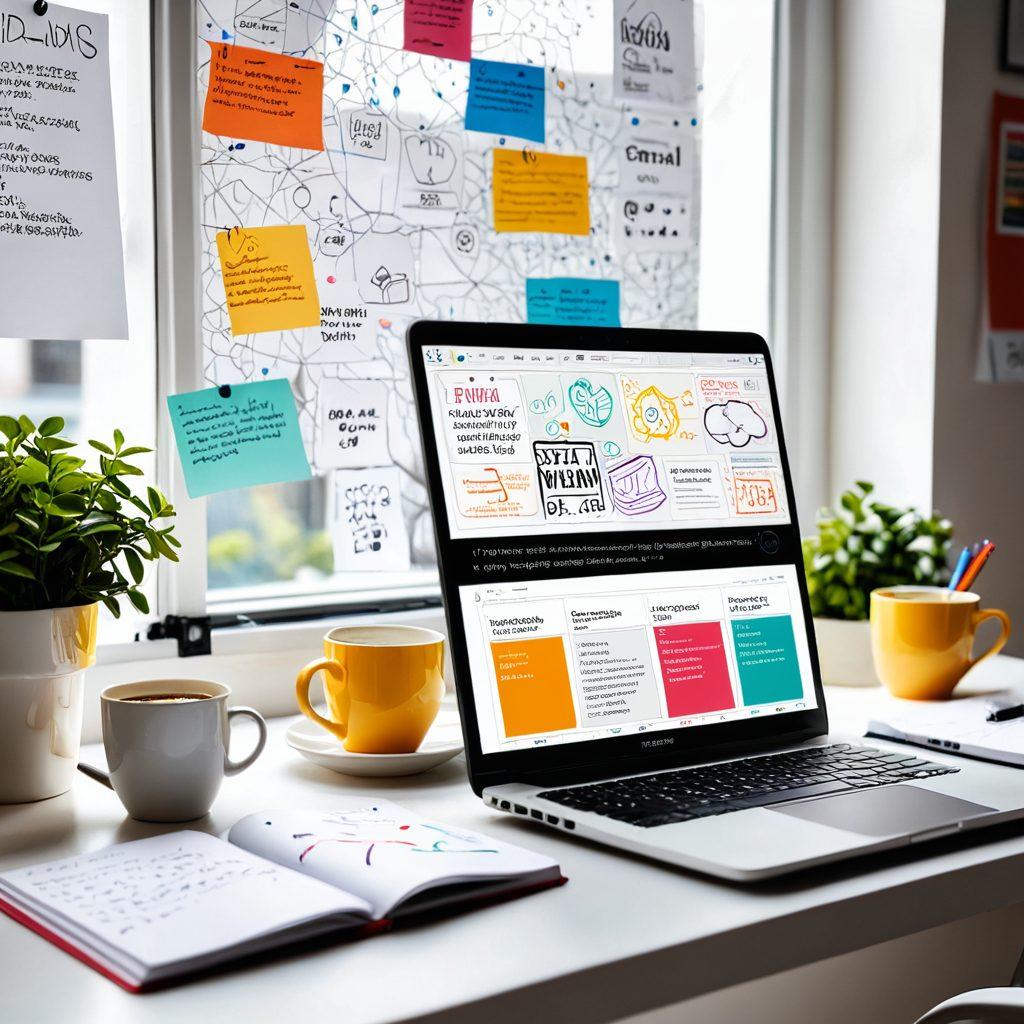 A modern workspace featuring a laptop open to a vibrant digital publishing platform, scattered notebooks filled with ideas, colorful mind maps on the walls, and a steaming coffee cup beside it. Bright sunlight streaming through a window, inspiring a sense of creativity and innovation in content development. super-realistic. vibrant colors. white background.