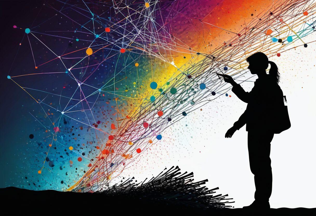 A creative illustration of an interconnected web of dots and lines representing links and references, with various publishing elements like books, digital media, and notes connected by colorful threads. A silhouette of a person reaching out to connect the dots, symbolizing the journey of mastering references. Background filled with subtle textures of paper and digital screens. vibrant colors. modern illustration style.